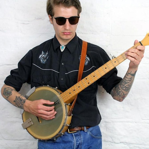 Leather Banjo Strap (loop style), hand-crafted, thick vegetable tanned leather, 3 attachment options, black, brown, tan, Pinegrove BLS52
