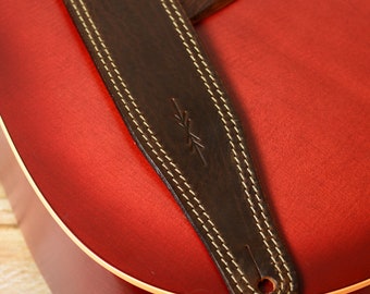 Thick Solid Leather Guitar Strap, GS41 Dark Brown, 60mm width, 2 1/4" width, guitar belt, vegetable-tanned natural leather, Pinegrove, UK