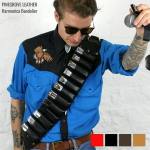 Leather harmonica bandolier, harmonica shoulder belt, blues harp holder, bandoleer, bandalero, bandalier, bandaleer, body belt