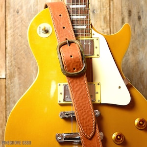 Tan Leather Guitar Strap With Buckle, GS80, 1 1/2&quot; width (40mm), relic bronze effect clip, naturally tanned leather, Pinegrove, made in UK