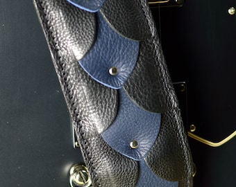 Blue & Black Dragon Skin Padded Leather Guitar Strap or Bass Strap, GS92, thick high quality leathers, hand-built in England