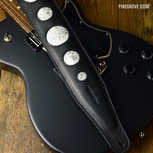 Silver Moon Gothic Guitar Strap, luxury black vegetable-tanned leather, GS98, 3" wide for any guitar or bass, made in UK