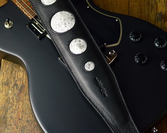 Silver Moon Gothic Guitar Strap, luxury black vegetable-tanned leather, GS98, 3" wide for any guitar or bass, made in UK