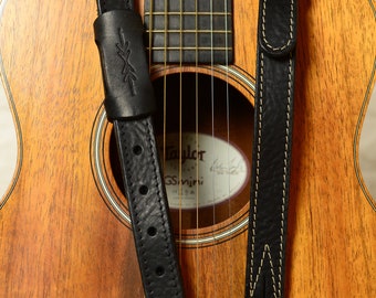 Leather Travel Guitar Strap, 1 inch (25mm) wide, black, full grain vegetable-tanned leather, for small guitars, ukulele, mandolin, GS88