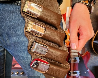 Hipslinger blues harp holster, Leather harmonica holder, sling, carrier, belt, UK made, Pinegrove Leather, colour choice