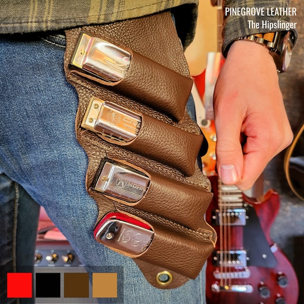 Hipslinger blues harp holster, Leather harmonica holder, sling, carrier, belt, UK made, Pinegrove Leather