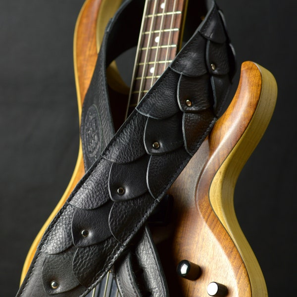 Dragon Skin Padded Leather Guitar Strap or Bass Strap, GS92, black, thick high quality leathers, hand-built in England