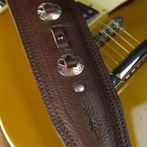 Brown Leather Guitar Strap with Metal Conchos, BS73, 3 inches wide, soft vegetable tanned leather, premium bass belt,Pinegrove, UK