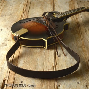 Thick Leather Mandolin Strap, full grain leather, adjustable length, MS50, brown, black, tan, red, Made in England by Pinegrove, bluegrass