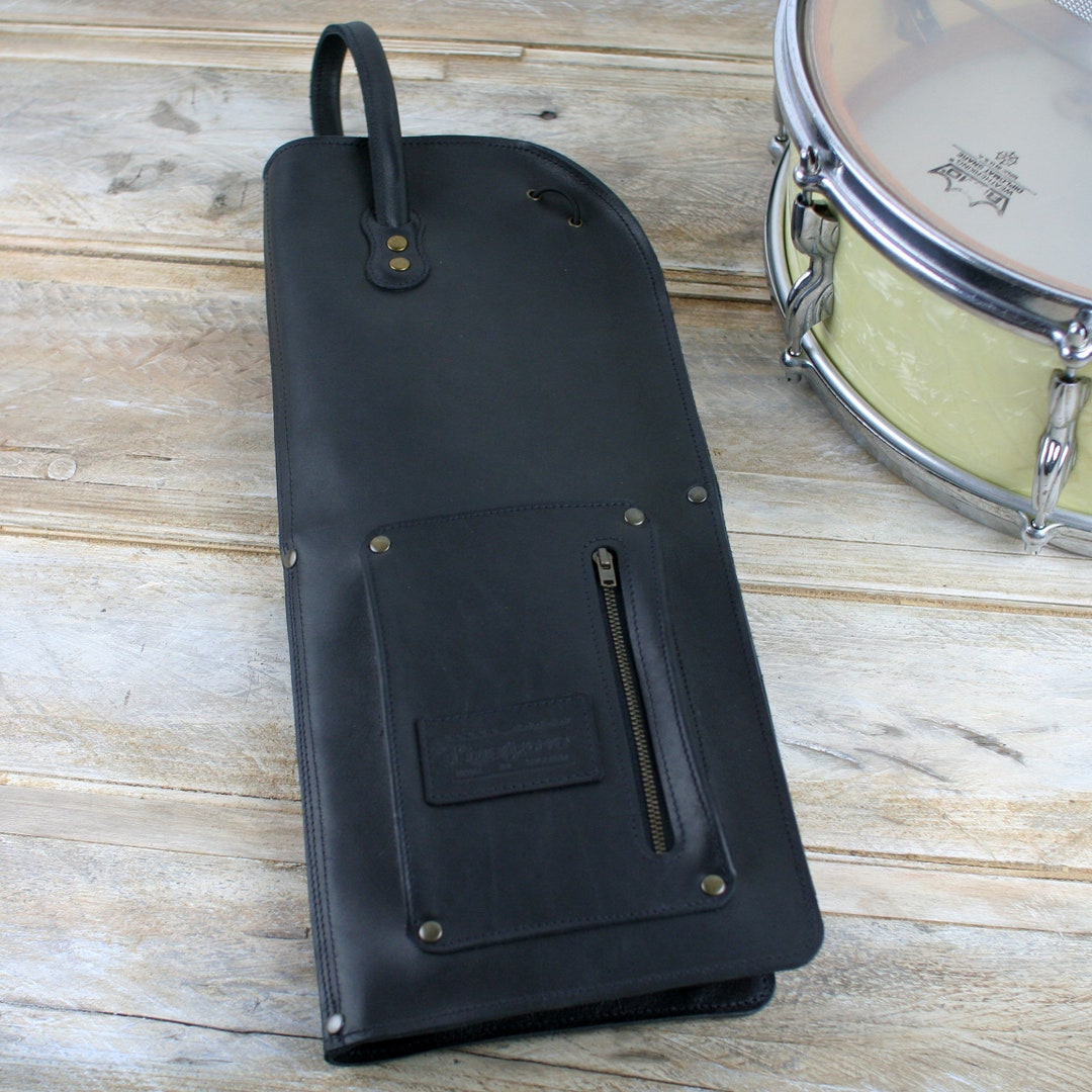 Leather Drumstick Bag With Zip, Black, Vintage Style, Leather Stick Bag