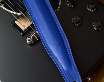 Blue Leather Guitar Strap, double-padded for comfort, GS61 guitar belt, thick smooth high quality leather, Pinegrove, made in England