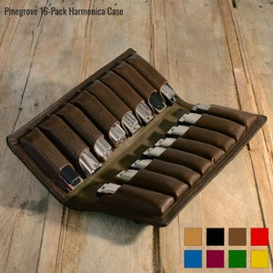 16-Pack Leather Harmonica Case, leather blues harp holder, sixteen mouth organ case, harp case, personalized, name, carrier, made in UK