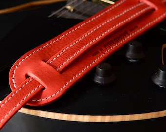 Padded Leather Guitar Strap, GS24 Red, vintage style, 3/4" width (18mm), shoulder pad, Pinegrove, UK made