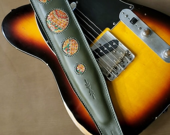 Dark Green Leather Guitar Strap with embroidered design, GS98 Woodstock, fully padded for comfort, for any guitar or bass, Pinegrove England