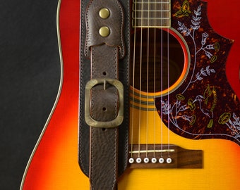 Luxury Brown Leather Guitar Strap with Buckle, BS79, 3 inch width, bass strap, guitar belt, tough, natural, worn bronze clasp, Pinegrove