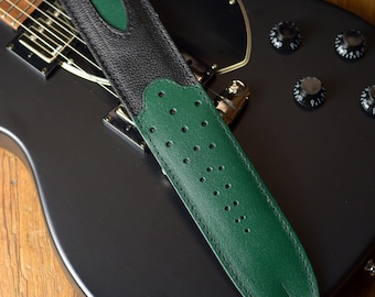 Premium Leather Guitar Strap, green and black, GS60 Tombstone style,high quality leather,two-tone, hand-crafted byPinegrove