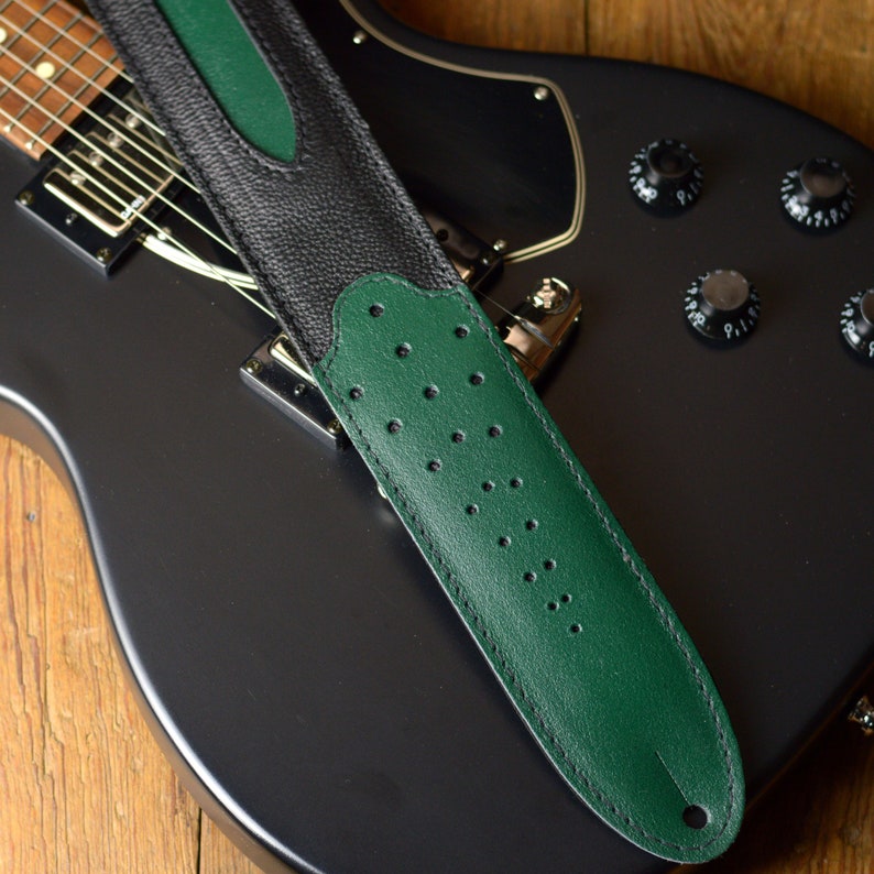Premium Leather Guitar Strap, green and black, GS60 Tombstone style,high quality leather,two-tone, hand-crafted byPinegrove image 1