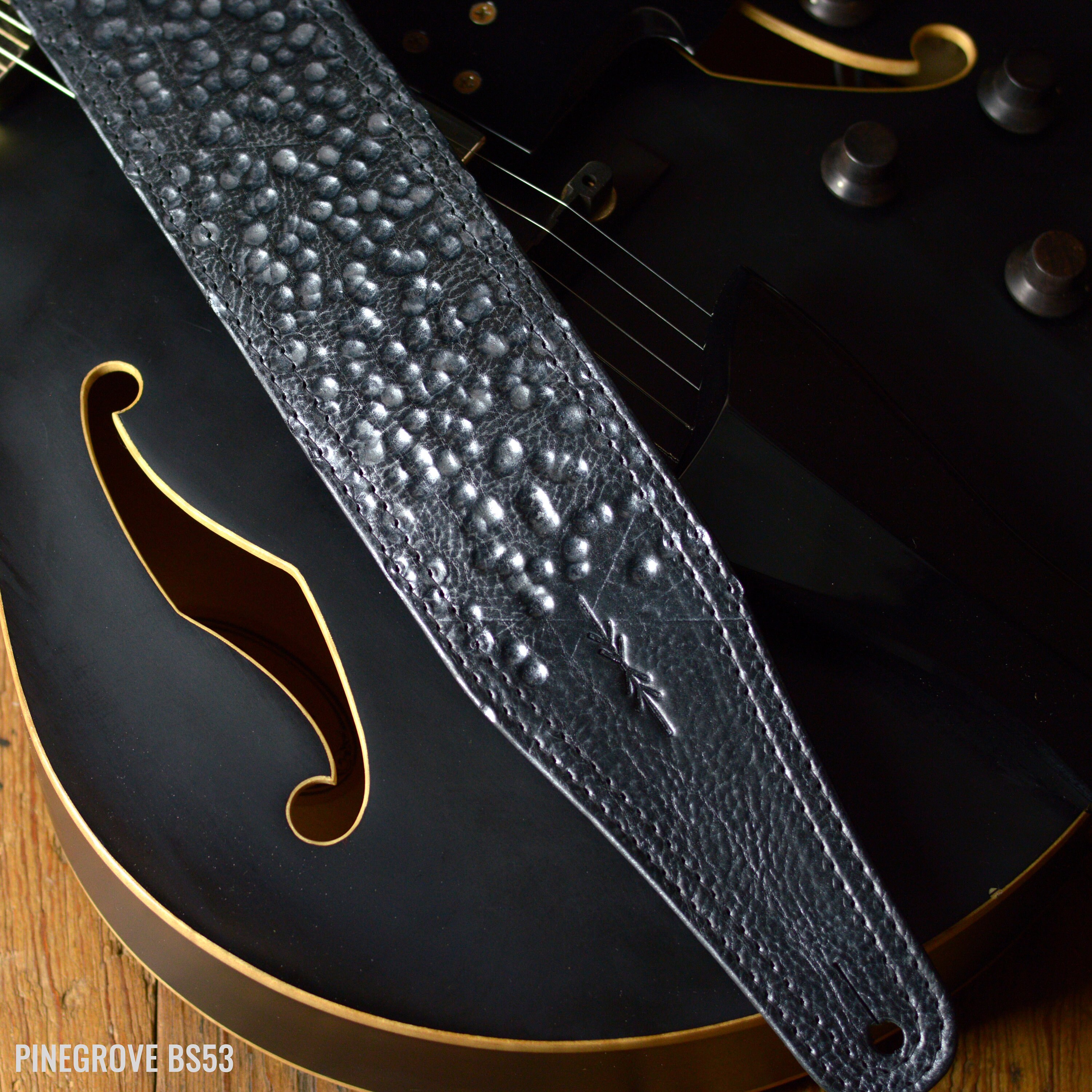 Silver Meteor Guitar Strap, BS53 Black with Silver Hammer Finish, 3 Inches Wide, Real Full-Grain Vegetable-Tanned Leather, bass, Pinegrove