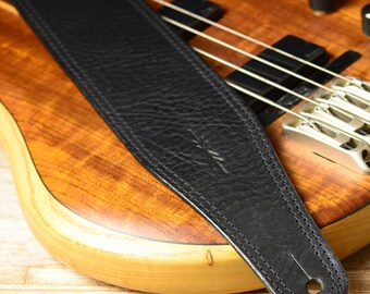Tracolla per chitarra in pelle pregiata, BS53 nera, 3 pollici di larghezza, vera pelle pieno fiore conciata al vegetale, tracolla per basso elettrico, Pinegrove