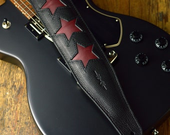 Black Leather Guitar Strap With Wine Red Stars, GS96 design, luxury vegetable-tanned leather, 3" wide for any guitar or bass, made in UK