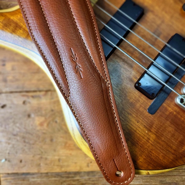 4 inch wide Bass Strap in saddle tan leather, leather bass guitar strap, guitar strap, BS64, double padded, comfortable, Pinegrove