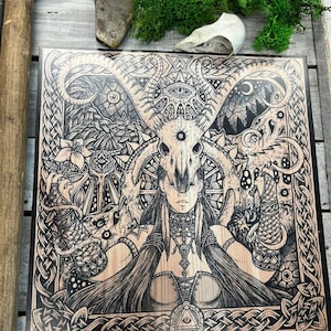 May include: A black and white woodblock print of a woman with a skull headdress and a Celtic knot border. The woman is surrounded by intricate designs and symbols.