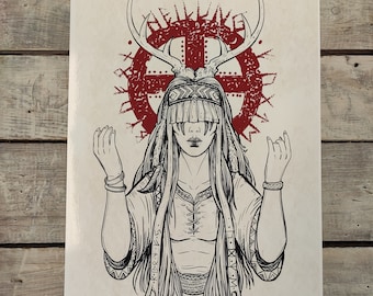 May include: A black and white line drawing of a woman with long hair wearing a headdress with antlers. The headdress is surrounded by a red circle with a cross in the center. The woman is wearing a long dress with a geometric pattern.