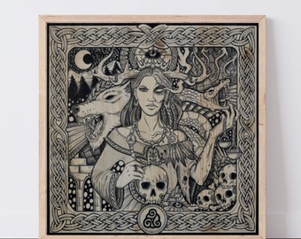 Viking goddess Hel, large print, norse fantasy, Forest Witch witchy wall art, pagan decor, witch painting, wiccan art, dark forest decor