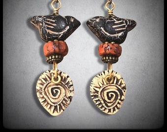 Artisan earrings #2, Bird and spiral earrings, Boho style, spiral dangles, artisan dangles