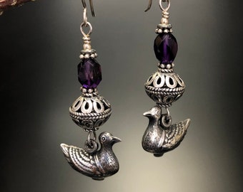 Antique Chinese silver bird beads! E-33 , Silver bird earrings with amethyst, Sterling silver bird earrings, Long elegant earrings