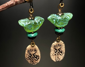 Artisan earrings E-1..Bird earrings..southwest style..Bird jewelry..Boho style..Southwest..wild  dangle earrings..Turquoise/Glass/Porcelain