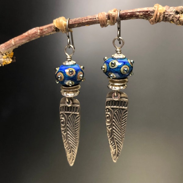 Artisan earrings LE-2 / lampwork glass / cobalt & silver tone earrings / Boho dangle earrings