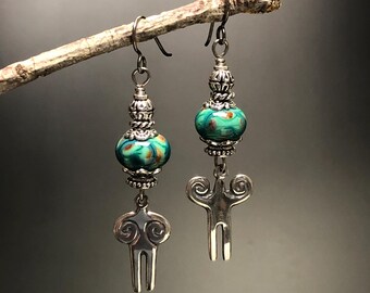 silver and turquoise glass earrings ,lampwork glass bead earrings,people earrings