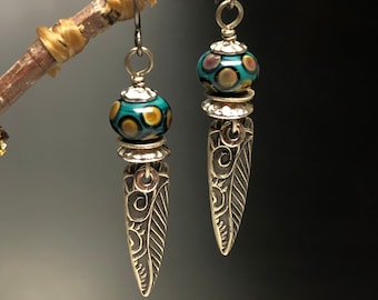 Blue and silver earrings, mountainrobbins jewelry, Lampwork glass earrings