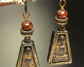 Artisan earrings E-5..bronze heart earrings..torch work glass..Handmade Earrings..Art glass jewelry..