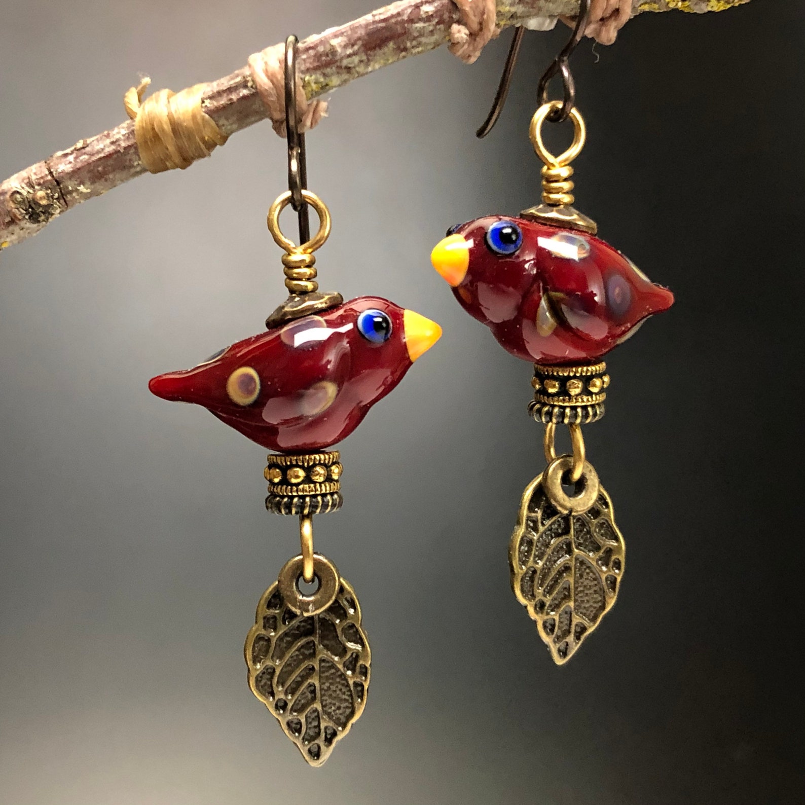 Red Cardinal Earrings, Dark Red Bird Earrings,bird Jewelry, Glass Bird
