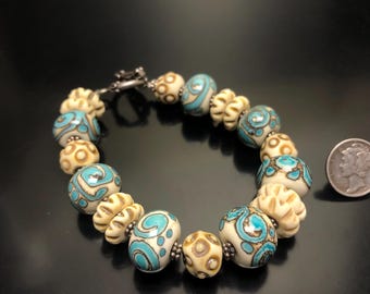 beads bracelet, turquoise Ivory glass bracelet, glass silver bracelet
