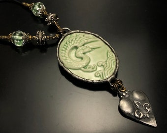 Celadon crane necklace! Crane pendant,  Bird jewelry, Judie Mountain design jewelry