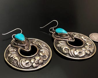 Silver Dangle Earrings, E-7, Silver disk Earrings, turquoise and Silver Earrings