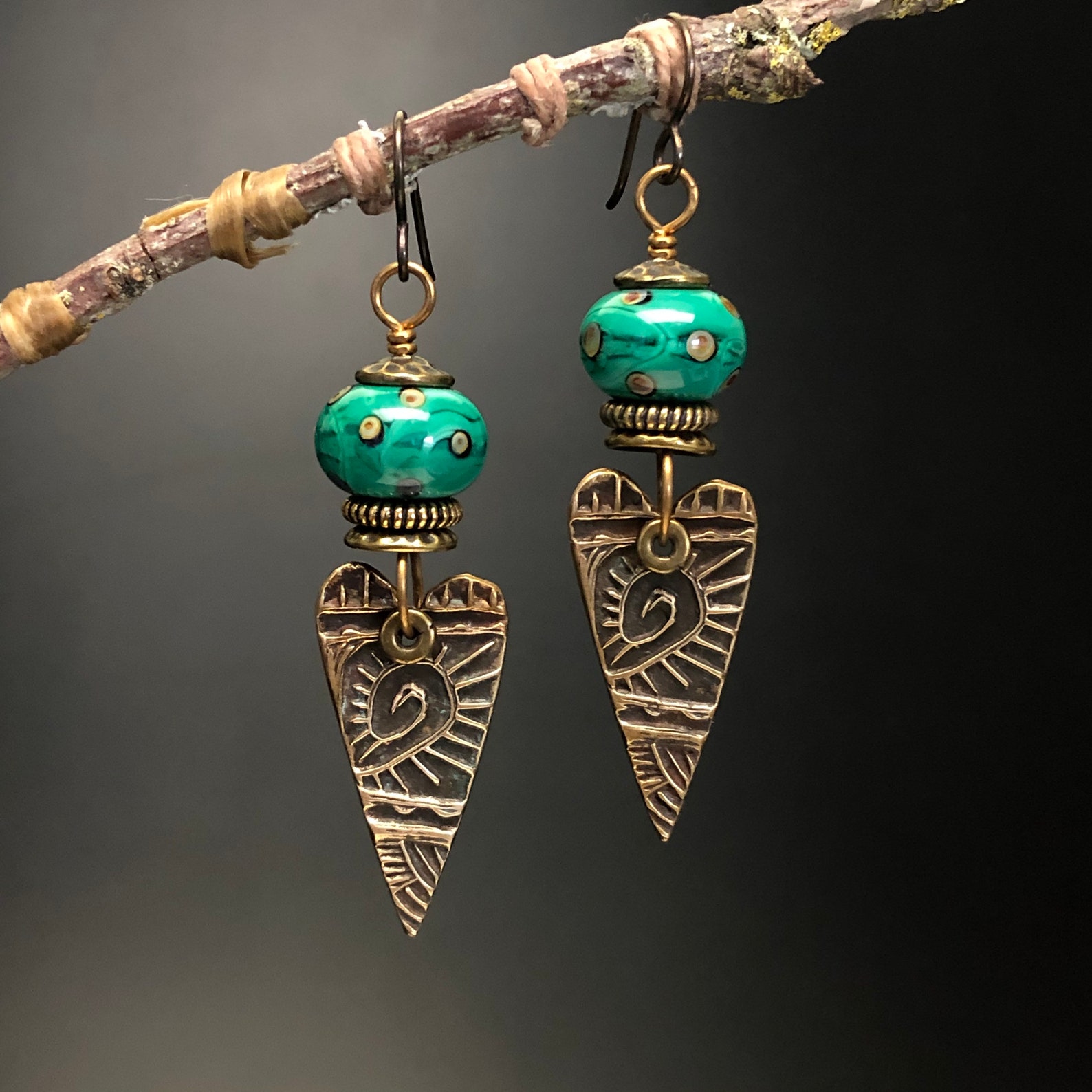 Turquoise Glass and Bronze Heart Earrings Heart Earrings Etsy