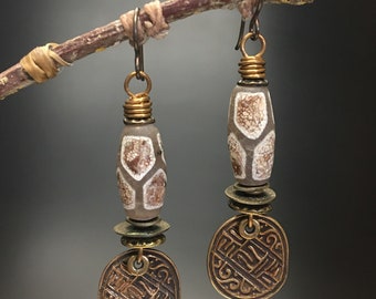 Artisan earrings ER-90..Asian chop earrings/ artifact look / DZI inspired agate / chop design jewelry..Bohemian jewelry