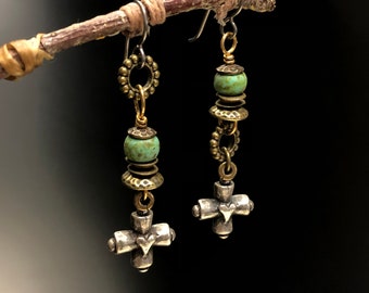 Santa Fe style earrings, long earrings, WE-61, cross earrings, cross jewelry, Ethnic style jewelry