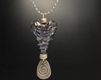 Dark luminescent glass heart pendant, art glass heart necklace