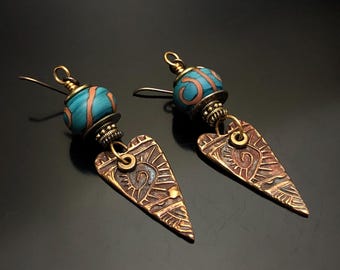 Artisan earrings E-5..bronze heart earrings..torch work glass..Handmade Earrings..Art glass jewelry..