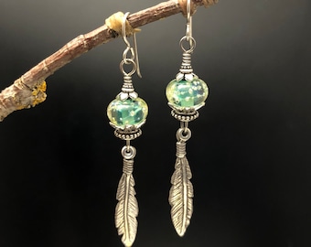 Blue and silver earrings, mountainrobbins jewelry, Lampwork glass earrings WE-85