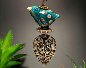 Big Bird Necklace, WBN-204, Bird jewelry, Glass Art, Bird Art, Bronze jewelry, Glass Jewelry