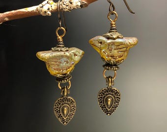 bird Earrings, WBE-6, amber earrings, Glass birds, Bird Jewelry, old world jewelry,