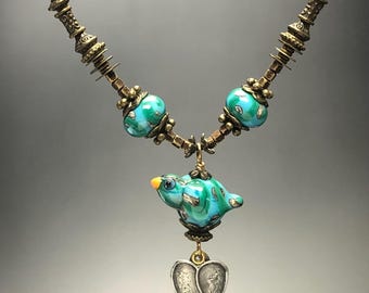 Blue Bird Necklace, PG-2, Bird jewelry, glass art, Bird Art, Bronze jewelry, Glass Jewelry