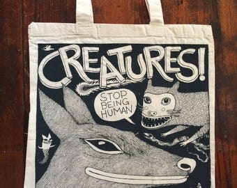 Screen printed canvas tote bag, cute funny tote, silkscreen printed cotton reusable bag