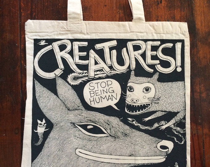 Screen Printed Canvas Tote Bag: Funny Creatures Reusable Bag